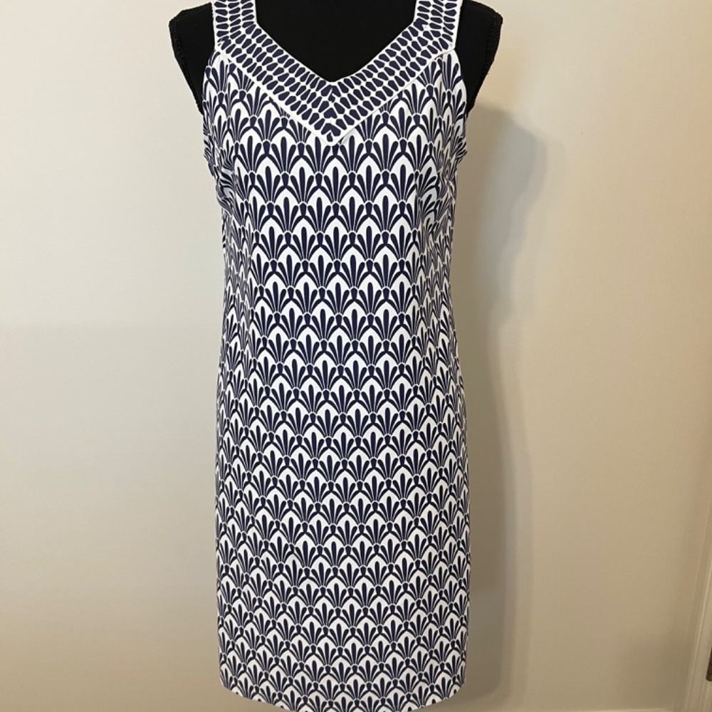 Talbots PM Womens V-Neck Navy & White Sleeveless Small Print Knit Dress Pull-On